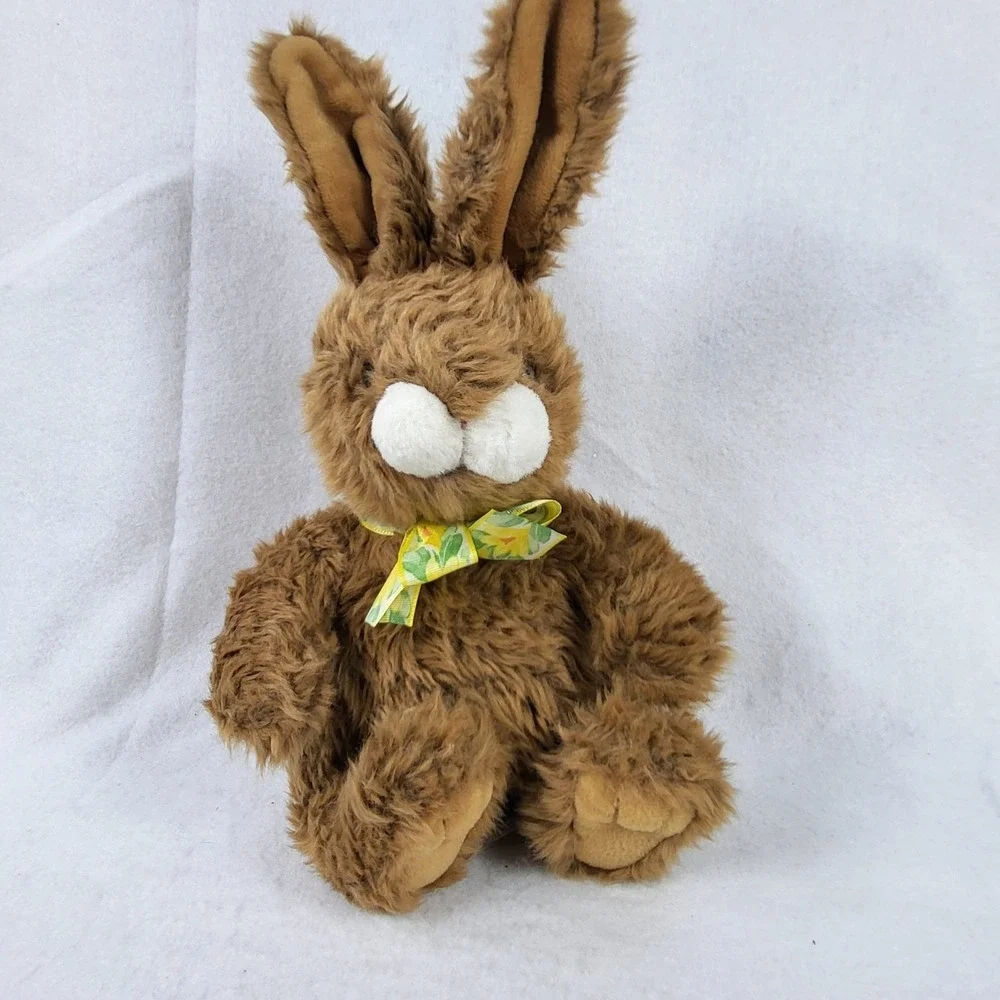 VTG GUND Brown Bunny Rabbit w/ Yellow Bow Fluffy Easter Spring Stuffed Plush Toy